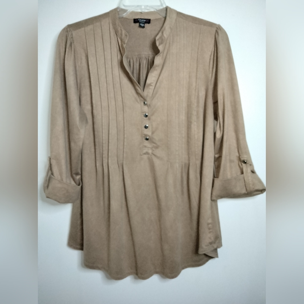 Cocomo Woman (Size 1X) Tan Brown V-Neck Button Roll Tab Sleeves Pleated Blouse